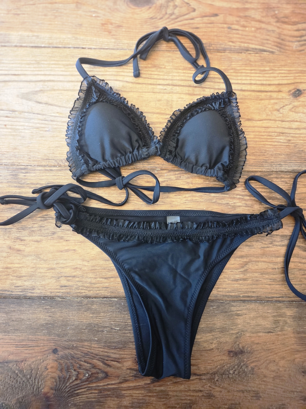 Black Ruffle Trim Triangle Bikini - Women Swim